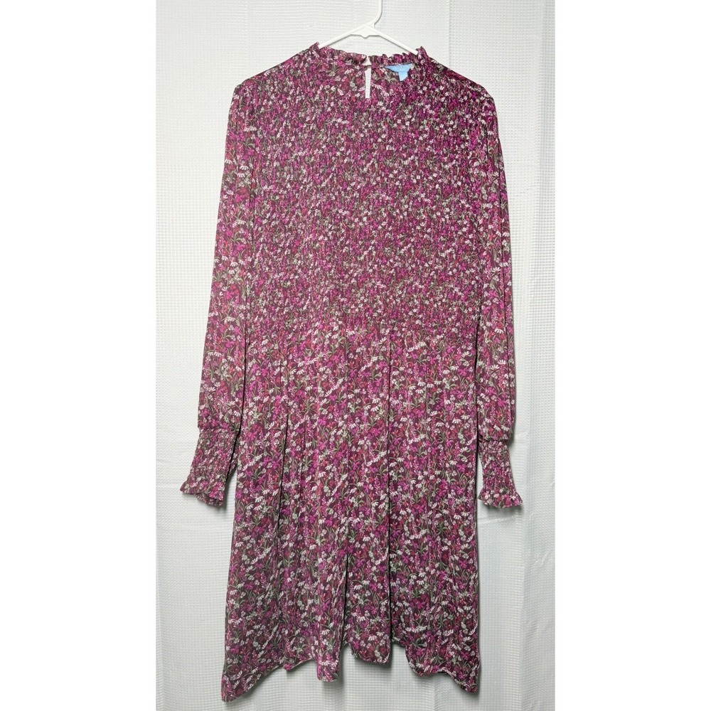 Draper James RSVP Floral Smocked Dress XXL Purple Metallic Long Sleeve‎